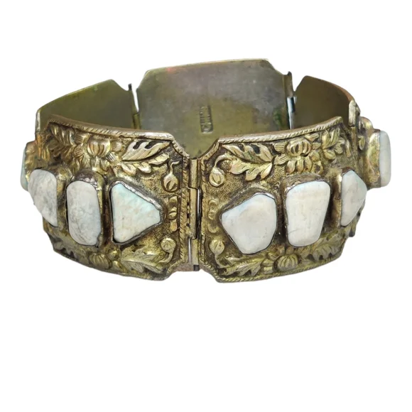 Antique Chinese Export stone panel bracelet with pin closure